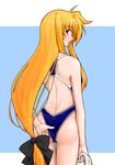  adjusting_clothes adjusting_swimsuit ass blonde_hair competition_swimsuit fate_testarossa long_hair looking_back low-tied_long_hair lyrical_nanoha mahou_shoujo_lyrical_nanoha_strikers one-piece_swimsuit red_eyes solo swimsuit xunipo 