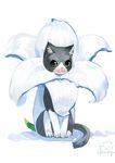  animal artist_name black_cat cat closed_mouth flower full_body looking_at_viewer no_humans original pump_(pumpqmuq) simple_background sitting sketch smile whiskers white_background white_flower yellow_eyes 
