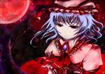  ascot awkwardkuroki bad_id bad_pixiv_id bat_wings blue_hair brooch colored_eyelashes expressionless full_moon hat jewelry moon red_eyes red_moon remilia_scarlet short_hair solo touhou upper_body wings 