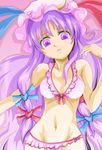  bikini crescent frilled_bikini frills hat kurogane_(scrapsteel) long_hair lying navel patchouli_knowledge purple_eyes purple_hair solo swimsuit touhou 