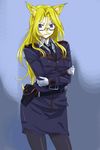  animal_ears belt blonde_hair blue_eyes copyright_request crossed_arms fox_ears glasses gloves long_hair michael military military_uniform necktie pantyhose serious solo standing uniform 