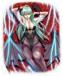  aqua_hair arms_up bare_shoulders bat_wings breasts cleavage demon_girl detached_sleeves elbow_gloves gloves head_wings ill-zyon large_breasts leotard long_hair lying morrigan_aensland pantyhose solo succubus vampire_(game) wings yellow_eyes 