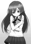  box chocolate copyright_request greyscale heart heart-shaped_box long_hair miniskirt monochrome muraji necktie pleated_skirt sidelocks skirt sleeves_past_wrists smile solo standing sweater valentine 