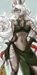  animal_ears bare_shoulders bodypaint breasts bunny_ears choker curly_hair elementalist final_fantasy final_fantasy_tactics_a2 final_fantasy_tactics_advance frown gloves green_hair large_breasts legs long_hair midriff navel silver_hair skirt solo staff standing unko_(ilovewas) veil very_long_hair viera wavy_hair white_hair 