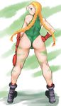  antenna_hair ass back bare_shoulders beret blonde_hair blue_eyes bodypaint boots braid cammy_white dr.p fingerless_gloves from_behind gloves green_leotard hand_on_hip hat leotard long_hair looking_back solo street_fighter twin_braids 