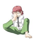  amputee annoyed barefoot closed_eyes double_amputee facepalm feet full_body katawa_shoujo necktie pink_hair school_uniform short_hair simple_background solo tezuka_rin toe_scrunch tomboy white_background 