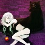  animal apple bad_id bad_pixiv_id barefoot bikini black_panther checkered food fruit kno_(anahita) lace original pale_skin panther scar solo swimsuit white_hair 