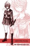  butcherboy copyright_request eyepatch katana monochrome pink school_uniform short_hair sketch skirt solo sword weapon 