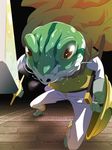  cape chrono_trigger f_(fuji) frog kaeru_(chrono_trigger) male_focus no_humans nostrils reflection shield sword weapon yellow_eyes 