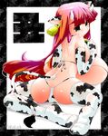  animal_ears animal_print bell breasts cow_bell cow_ears cow_print cow_tail elbow_gloves g-string gigantic_breasts gloves green_eyes highres horns huge_breasts long_hair original panties red_hair solo tail thighhighs thong underwear yakuta_tetsuya 