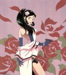  90s artist_request black_hair blue_eyes earrings elbow_gloves flower giant_robo ginrei_(giant_robo) gloves gun hair_flower hair_ornament highres holster jewelry long_hair looking_back mackintosh_rose official_art pink_flower pink_rose ponytail rose scan smile solo weapon 