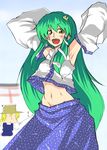  armpits blonde_hair detached_sleeves frog green_hair hat highres jin_kashiwagi kochiya_sanae long_hair midriff moriya_suwako multiple_girls navel open_mouth short_hair snake touhou yellow_eyes 