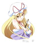  between_breasts blonde_hair blouse blush breasts cleavage fan gloves hat large_breasts long_hair shirt_slip solo touhou tri white_gloves yakumo_yukari yellow_eyes 