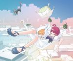  animal blonde_hair cat cityscape fairy flying multiple_girls original pump_(pumpqmuq) red_hair size_difference sleeping 