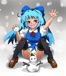  1girl bad_id bad_pixiv_id black_legwear blue_eyes blue_hair bow censored cirno convenient_censoring hair_bow heart letty_whiterock long_hair nanban_teishoku snowball snowflakes snowman solo thighhighs touhou 