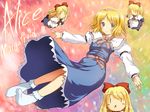  :&gt; :x alice_margatroid blonde_hair blue_eyes bobby_socks doll flying hairband long_hair murasaki_kajima no_shoes shanghai_doll short_hair smile socks solo string touhou wallpaper |_| 