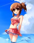  :d arms_behind_back bikini brown_eyes brown_hair cloud day hirasawa_yui k-on! navel open_mouth ponytail round_teeth shin_(new) short_hair sky smile solo swimsuit teeth wading water 