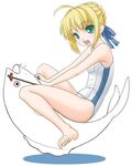 ahoge artoria_pendragon_(all) barefoot blonde_hair fate/stay_night fate_(series) fish green_eyes hair_ribbon jpeg_artifacts ribbon riding saber school_swimsuit solo swimsuit t2r third-party_edit white_school_swimsuit white_swimsuit 