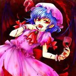  bat_wings blood blue_hair blue_nails cube_(pixiv) cup hat nail_polish pointy_ears red_eyes remilia_scarlet short_hair solo touhou wings 