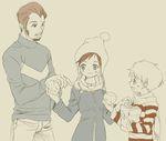  2boys artist_request beard blue_eyes brown_eyes brown_hair duster_(mother) facial_hair kumatora lucas mother_(game) mother_3 multiple_boys scarf smile 