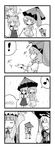  4girls 4koma animal_ears blush chipa_(arutana) comic crescent eighth_note geta greyscale hiding highres kirisame_marisa monochrome mouse_ears mouse_tail multiple_girls musical_note nazrin oriental_umbrella patchouli_knowledge rain silent_comic speech_bubble spoken_blush spoken_exclamation_mark spoken_musical_note tail tatara_kogasa touhou umbrella yuri 