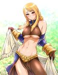  :&lt; agrias_oaks bare_shoulders blonde_hair blush braid breasts class_change contrapposto curvy dancer dancer_(fft) elbow_gloves final_fantasy final_fantasy_tactics gloves large_breasts long_hair looking_at_viewer midriff navel orange_eyes shawl solo standing ueyama_michirou underboob 