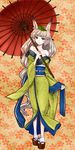  animal_ears bare_shoulders blue_eyes breasts cleavage clog_sandals curly_hair fox_ears japanese_clothes kimono leaf leaf_on_head long_hair medium_breasts oboro_muramasa off_shoulder oriental_umbrella parasol solo tabi tenten_(edp666) umbrella very_long_hair yuzuruha 