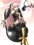  belt blue_eyes boots crossed_legs headband knee_boots long_hair megurine_luka microphone microphone_stand midriff navel nm_(tshell2761) pink_hair sitting skirt solo thighhighs very_long_hair vocaloid 