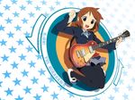  brown_eyes brown_hair guitar hair_ornament hairclip highres hirasawa_yui instrument jumping k-on! miyatsuki_itsuka pantyhose school_uniform short_hair solo star 