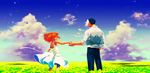  1girl akiyama_(yamagoya) cloud crossover day dress field flower happy holding_hands m.u.g.e.n melty_blood sachiel_(mugen) scenery sundress tsukihime yumizuka_satsuki 