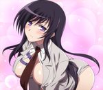  blush breasts hairu kenzen_robo_daimidaler large_breasts long_hair looking_at_viewer necktie no_bra open_clothes purple_eyes purple_hair shiny shiny_skin solo sonan_kyouko tears 