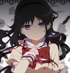  akemi_homura black_hair bow earrings feathers glint jewelry juliet_sleeves long_hair long_sleeves looking_at_viewer mahou_shoujo_madoka_magica mahou_shoujo_madoka_magica_movie ogipote puffy_sleeves purple_eyes school_uniform solo soul_gem upper_body very_long_hair 