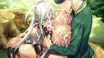  1boy 1girl areolae ass breast_sucking breasts censored cum cum_on_body cum_on_breasts cum_on_upper_body ejaculation facial game_cg gigantic_breasts green_eyes hadashi_shoujo huge_breasts ino lactation licking long_hair milk nipples paizuri penis shiny shiny_skin sweat white_hair 