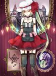  alternate_costume arm_belt bare_shoulders black_legwear blonde_hair boots bow card chain cross-laced_footwear crystal flandre_scarlet garter_straps hat highres joker long_hair mimoto_(aszxdfcv) playing_card red_eyes skirt skull solo thighhighs touhou very_long_hair wings 