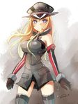  bad_id bad_twitter_id bare_shoulders bismarck_(kantai_collection) blonde_hair blue_eyes breasts elbow_gloves gloves hat kantai_collection large_breasts long_hair military military_hat military_uniform nunucco peaked_cap signature solo uniform 