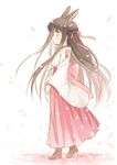  animal_ears bow brown_hair cherry_blossoms floral_print hair_ribbon hakama japanese_clothes long_hair miko original red_hakama ribbon ribbon-trimmed_sleeves ribbon_trim solo xiangtu 