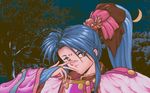  90s blue_hair crescent_moon dithering ears facial_mark forehead_mark forest hair_ornament japanese_clothes kimono light_smile long_hair looking_at_viewer moon nature night pink_eyes pixel_art ponytail sidelocks sky sleeves_past_wrists solo spiked_hair tenchi_muyou! tree tsunami_(tenchi_muyou!) v_over_eye 