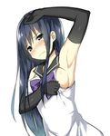  arm_up armpits black_eyes black_gloves black_hair blush breasts dot_triangle elbow_gloves gloves gokukoku_no_brynhildr kuroha_neko long_hair medium_breasts mole mole_on_breast shirt_lift sideboob simple_background sky_(freedom) solo white_background 