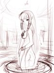  ass bangs bracelet breasts covering covering_breasts hair_tubes hayami_yuujirou highres jewelry light_smile lips long_hair looking_back medium_breasts monochrome nude pointy_ears princess_zelda sketch smile the_legend_of_zelda the_legend_of_zelda:_skyward_sword wading wet 