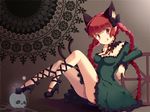  :q animal_ears bell blush bow braid breasts cat_ears cat_tail dress extra_ears high_heels kaenbyou_rin long_hair looking_at_viewer medium_breasts multiple_tails namakobuta red_eyes red_hair skull solo tail tongue tongue_out touhou twin_braids twintails very_long_hair 