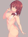  ;) areola_slip areolae ass blush breasts brown_eyes brown_hair covered_nipples finger_to_mouth from_side hair_ornament highres isshiki_mashiro jpeg_artifacts large_breasts mature michairu one_eye_closed revealing_clothes scrunchie short_hair simple_background slingshot_swimsuit smile solo strap_gap swimsuit vividred_operation 