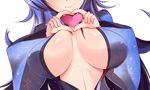  1girl blue_hair breasts female heart highres large_breasts long_hair mogs1225 nana_(mogs1225) no_bra simple_background solo upper_body white_background 