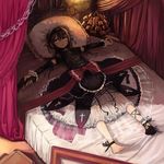  barefoot bed blue_eyes bow detached_sleeves gothic_lolita gun kino kino_no_tabi lolita_fashion lying outstretched_arms pillow shade shell_casing shoes short_hair single_shoe solo spread_arms weapon window1228 