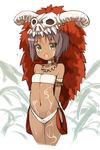 1girl :o armband arms_behind_back bare_legs bare_shoulders blush bodypaint brown_hair collarbone cropped_legs dark_skin facial_mark fang flat_chest green_eyes highres jewelry looking_at_viewer midriff navel necklace oota_yuuichi open_mouth original short_hair skull solo strapless tribal tubetop 