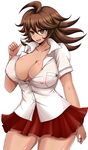  1girl afuro breasts brown_eyes brown_hair cleavage danganronpa erect_nipples female huge_breasts long_hair miniskirt nipples open_mouth owari_akane see-through shirt simple_background skirt solo standing super_danganronpa_2 white_background 