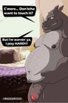  balls bed belly biceps chubby dialog grin hairy horn looking_at_viewer lovkuma male mammal muscles obese overweight penis red_eyes rhinoceros solo text thick_penis uncut 