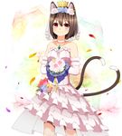  :3 animal_ears aps_(alice-momizi) bare_shoulders blush bouquet bridal_gauntlets bridal_veil brown_hair cat_ears cat_tail chen dress earrings flower frilled_dress frills gloves hair_ornament heart heart_tail highres holding jewelry looking_at_viewer multiple_tails necklace nekomata petals red_eyes short_hair sleeveless smile solo tail touhou veil wedding_dress 