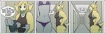  blonde_hair blue_eyes bovine butt clothed clothing comic dialog english_text eyewear female flat_chested glasses hair horn mammal ritts rodent size_difference swimsuit text wide_hips 