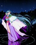  90s blue_hair cherry_blossoms dithering facial_mark forehead_mark hand_to_head japanese_clothes kimono long_hair looking_afar looking_to_the_side night pink_eyes pixel_art ripples sidelocks sky solo spiked_hair star_(sky) tenchi_muyou! tsunami_(tenchi_muyou!) very_long_hair walking walking_on_liquid water 