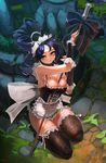  alternate_costume bad_id bad_pixiv_id between_breasts blue_hair breasts cleavage enmaided french_maid_nidalee garter_straps highres kneeling large_breasts league_of_legends long_hair looking_at_viewer maid maid_headdress nidalee polearm ponytail solo spear thighhighs weapon yang-do yellow_eyes 